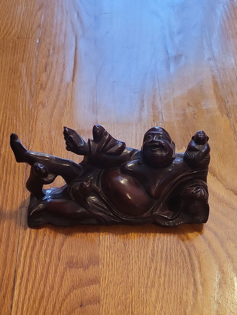 Dark Brown Reclining Buddha Wood Sculpture - Home Art Accent